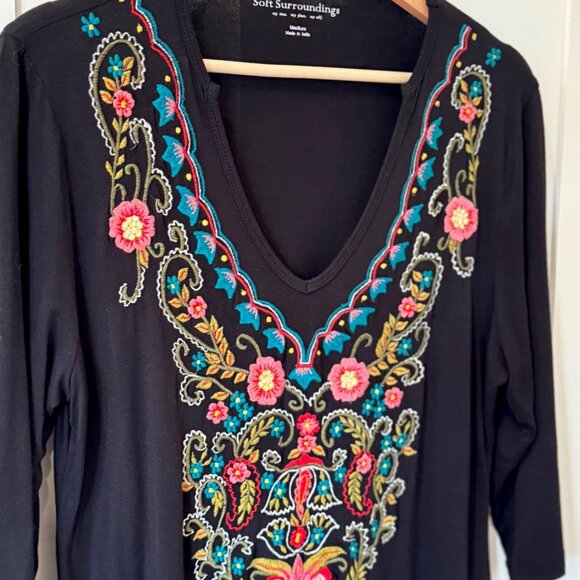 Soft Surroundings Adora Tunic Top Medium Black 3/4 Length Shirt Embroidered - Picture 2 of 4